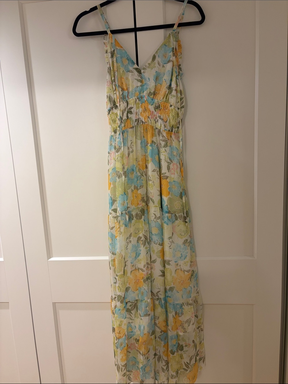 Mystree Floral Spaghetti-Strap Maxi Dress in Yellow & Blue